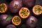 Group of many Passion-fruit with seamless background, waterdrops, close of view