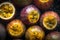 Group of many Passion-fruit with seamless background, waterdrops, close of view