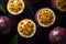 Group of many Passion-fruit with seamless background, waterdrops, close of view