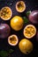 Group of many Passion-fruit with seamless background, waterdrops, close of view