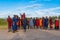 Group of Massai people participating a traditional dance with high jumps