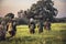 Group of men hunters going through tall grass on rural field at sunset during hunting season