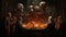 A group of men looking at a table with skulls from the ceiling