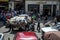 A group of men move a load of carpets through a busy street in Cairo in Egypt.