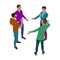 Group of men talk energetically while standing. Scene of four people in isometric view. Isolated team of staff