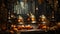 A group of metal bells with candles and pumpkins
