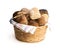 Group mini buns in wicker basket isolated on a white