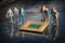 Group of miniature model of businessmen standing around the cpu in a reflective surface.