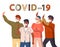 Group of mix race guys in medical masks show stop gesture to spreading virus, concept of covid-19