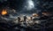 A group of modern astronauts is depicted exploring the hazardous surface of the moon in outer space, showcasing the