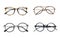 Group of modern fashionable spectacles on white backgro