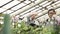 Group of modern gardeners working in a greenhouse. Agriculture, farming and gardening