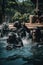 A group of monkeys playing in a pool of water. Generative AI image.