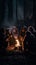 A group of monkeys sitting around a campfire. AI generative image.