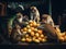 A group of monkeys sitting on top of a pile of oranges. Generative AI image.