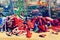 Group of moroccan fishermen repair fishing nets in Essaouira port