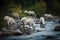 Group Of Mountain Goats Grazing Near A River. Generative AI