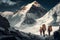 A group of mountaineers adventuring in the beautiful snowcapped mountain range, hiking and climbing to reach its summit for