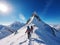 group of mountaineers with backpacks climbing mountains in winter