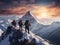 group of mountaineers with backpacks climbing mountains in winter