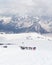 Group of mountaineers climbing in the snowy mountain peaks.