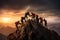 Group of mountaineers climbing on top of a mountain during sunset, Group of people on peak mountain climbing helping team work, AI