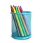 Group of multi-colored felt-tip pens in a blue basket.