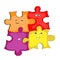 Group of multi-colored puzzles with smiling faces.