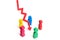 A group of multicolored people stand in a circle around the red arrow down. Analysis of the situation and solution of the problem.