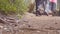 Group of multiracial hikers walking along the forest path. Tourists hiking on footpath through the woods at mountain