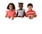 Group of multiracial kids portrait with white board.