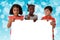 Group of multiracial kids portrait with white board.