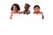 Group of multiracial kids portrait with white board.Isolated