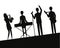 Group music band playing instruments silhouettes