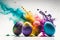 Group of natural dyed colourful Easter eggs with splashed flying plant based paints powder. Generative AI