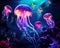 group of neon jellyfish in the underwater world.