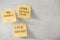 Group of New year Resolution Notes on yellow on wall written with message of more family time, lose weight and be happy