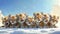 a group of nine little tigers standing in a circle, all beaming with big smiles as they gaze down towards the camera