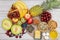Group Nuts dry put on the bowl and fruit is banana,pineapple and grape is food healthy on the wooden table background