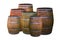 Group of oak barrels brown with metal rings traditional way of holding wine whiskey on white background