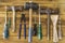 Group of old oxide vintage tools. Hammers.