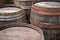 Group of old wooden barrels, selective focus