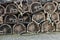 Group of old wooden lobster traps stacked on wharf