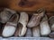 Group of old wooden shoes, vintage hand made in mountains