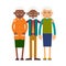 Group older people. Three aged people stand. Elderly men and women stand together and hug each other. Illustration isolated on