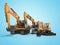 Group of orange excavator 3D rendering on blue background with shadow