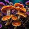 A group of orange and purple mushrooms.