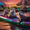 A group of otters floating down a river on colorful rafts, clinking their shells together for a midnight toast2