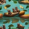 A group of otters floating down a river on colorful rafts, clinking their shells together for a midnight toast3