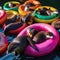 A group of otters floating down a river on colorful rafts, clinking their shells together for a midnight toast5